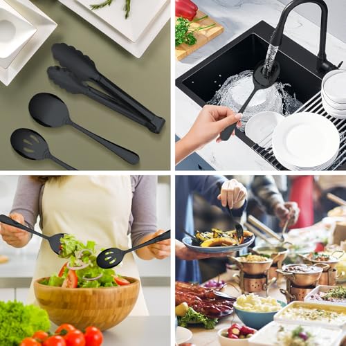 17PCS Serving Spoons and Utensils Set, Stainless Steel Serveware Black - color: Black