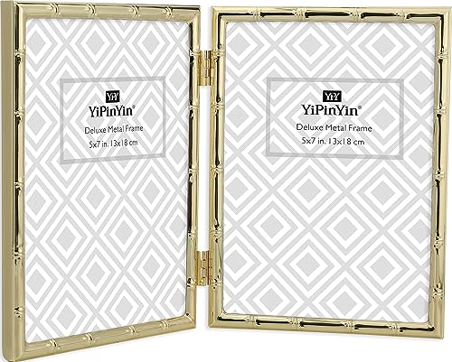 YiPinYin Gold 5x7‘’ Bamboo Detail Design Double Picture Frame,Elegant Narrow Profile Gold Plated Photo Frames With Soft Touch Velvet Backing for Desktop and Shelf Decor - color: Gold, size: 5x7Inch Double