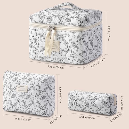 HBselect Quilted Makeup Bag, 3Pcs Cotton Large Travel Makeup Bags Organizer - color: A-3PCS-Floral 39
