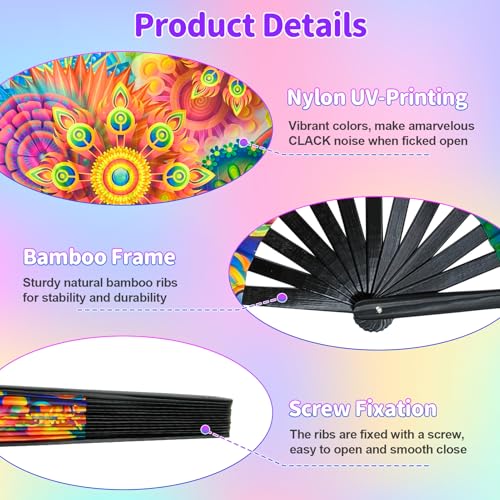 EOSAU Large UV Glow Rave Fan, Folding Hand Fans for Line Dancing, Flowers - color: 13" Flowers