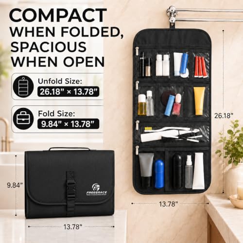 Freegrace Premium Hanging Toiletry Bag for Travel, Cosmetic Bag Organizer - color: Black