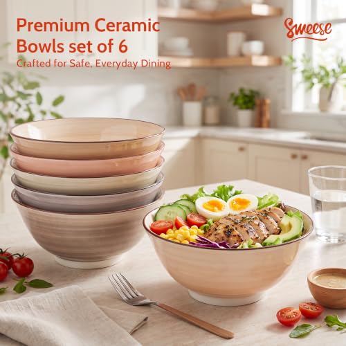 Sweese 18 oz Ceramic Soup Bowls Set of 6, Neutral Pasta Bowls for Ramen, Salad, Noodles, Cereal and Soup, Stackable Serving Bowls for Everyday Meals - color: Neutral, size: 18oz (Large)