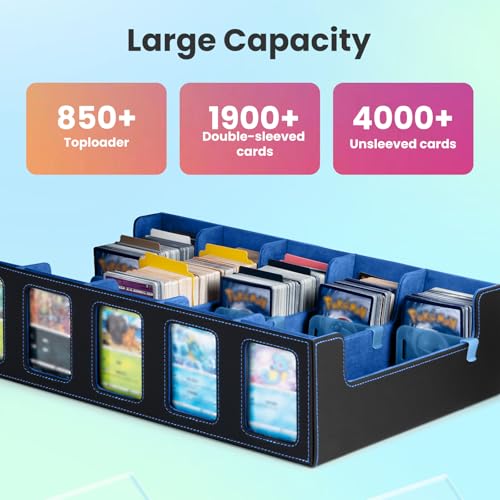 Trading Card Storage Box with Commander Display, 5-Row Deck Case with Removable Lid & Handle, 4000+ Card Organizer with 48 Colorful Dividers & 5 Stoppers for MTG, Black & Blue - color: Black & Blue, size: 4000+, with Handle