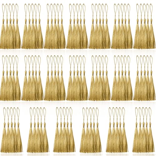 100 Pcs Gold Mini Tassels 13cm/5 Inch with Loops for Bookmarks, Jewelry Making, DIY Projects - color: Gold