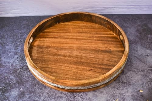 Round Acacia Wood Serving Tray with Handles for Serving Drinks, Tea Plate, Dessert Dinner Breakfast Plate (12 x 12 x 1.5 Inches) - color: Round Tray - 12 X 12 Inches