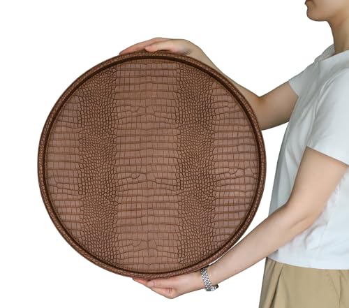 HofferRuffer Round Serving Tray 20'', Elegant Faux Leather Circle Ottoman Table Tray, Serve Tea Coffee Breakfast in Bedroom Living Room Kitchen (Brown) - color: Antique Brown, size: 20"