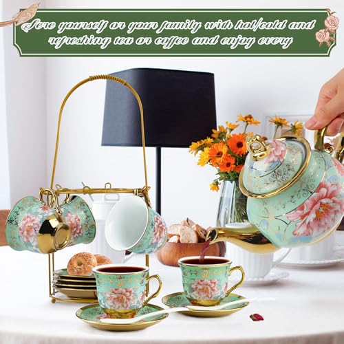 20Pcs Porcelain Tea Set with Metal Stand,European Vintage Tea Set for Adult - color: Green