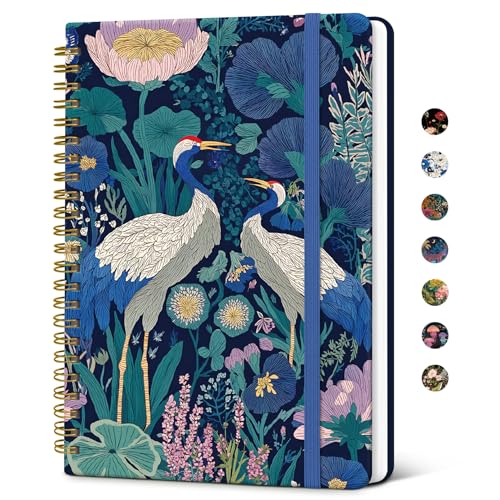 Taja Spiral Lined Journal for Women, Pretty Hardcover Journal Notebook, A5 - color: R-Midnight Cranes