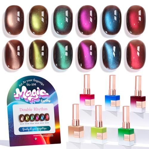 Double Rhythm Cat Eye Gel Nail Polish Set of 6 Same Color Same Bottle 0.5 Oz Shimmer Glitter with Magnet Holographic Magnetic UV Nail Polish Kit at Home (Brown Sage Green Red Purple Blue-T6-104) - color: Earthy Magic