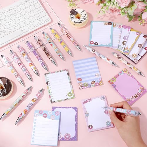 Dispowreath 12 Sets / 24 Pcs Donuts Sticky Notes with Pens Donut Party Favors Gifts Self Adhesive Notepad Cute Memo Notes Pads Black Ink Ballpoint Pen for Christmas Birthday Party Supplies Reward - style: Donut