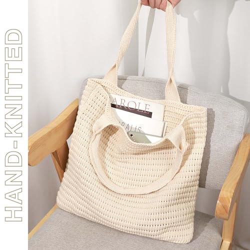 hatisan Crochet Bag for Women, Handmade Knit Beach Tote Bag Summer - color: Beige-1