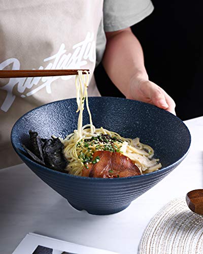 Kanwone Ceramic Japanese Ramen Bowl Set, Noodle Soup Bowls - 60 Ounce, with Matching Spoons and Chopsticks for Udon Soba Pho Asian Noodles, Set of 2, Navy - color: Navy, size: 9 Inch