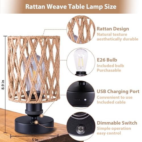 Cordless Outdoor Table Lamps, Small Rattan Boho, Rechargeable Battery Operated for Outdoor Patio, Home, Living Room, Bedroom, Bedside - Set of 2 (Beige-A) - color: Beige-A