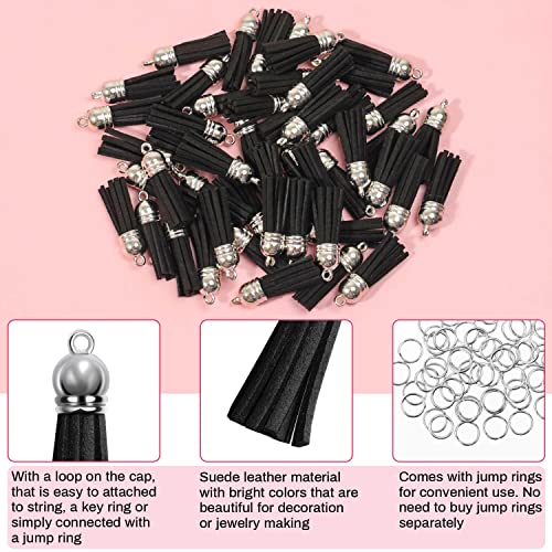 Keychain Tassels Bulk, Paxcoo Small Tassels for Jewelry Making, 50pcs Leather Tassel Keychain Charms with 50pcs Jump Rings for DIY Key Chain Craft, Black - color: Black
