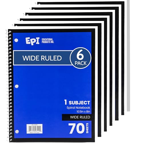 EPI Spiral Notebook | Wide - 70 Sheets, Durable Spiral Binding | 10.5 x 8 in | Classroom Supplies | School, Office, Note Taking, Journaling - 6 Pack - color: Blue, size: 6