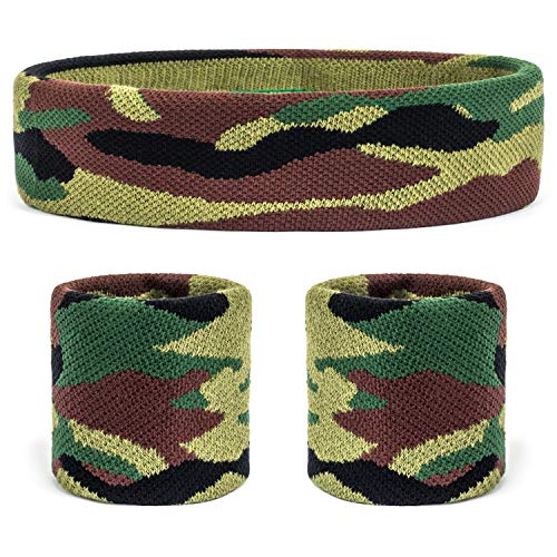 Suddora Camo Headband/Wrist Band Set - Camouflage Sweatbands for Basketball, Tennis, Working Out, Gym - color: Camo Green