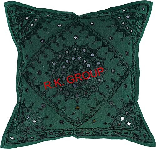 Indian Handmade Decorative Square Throw Pillow Covers Mirror Embroidery Work Thread Work Cushion Case for Sofa Bedroom Car (Size : 16 X 16 Color : Dark Green) - color: Dark Green, size: 16" x 16" (Pack of 1)