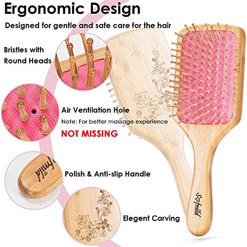 Sofmild Bamboo Hair Brush with Tail Comb, Pink Cushion Paddle Brush - color: Rose