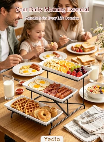 3 Tier Serving Tray Set 14 Inch Porcelain Tiered Serving Trays Platters, Collapsible Sturdier Stand with Stable Cross Bars, Three Layer Serving for Party Entertaining Food Display Fruit Dessert - color: Black, size: 15" x 13" x 9"
