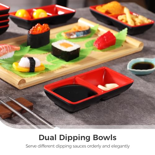 30 Pack Black & Red Divided Serving Dishes - Dual Compartment Melamine Appetizer Plates for Sushi, Condiments & Party Snacks, Restaurant-Grade Dip Bowls Set