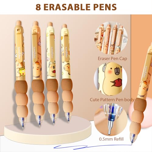 4Pcs Cute Capybara Erasable Retractable Pens-Erasable Gel Ink Pens,0.5mm Fine Point Black Ink,4Pcs 0.5mm Cute Capybara Mechanical Pencils,Lead Refills,Erasers,for Office School Supplies Women Men - style: capybara（foam cover）