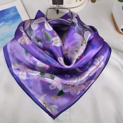 Women 100% Mulberry Silk Neck Scarf 21" Square Floral Neckerchief - color: Purple