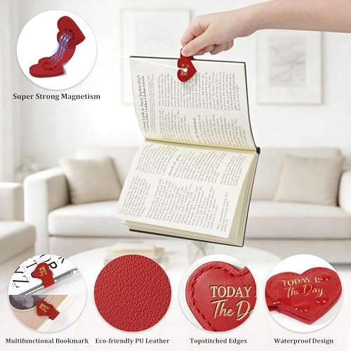 2Pcs Magnetic Leather Heart Bookmarks with Pen Holder, Cute Inspirational Motivational Quotes Book Markers Clip with Gift Box, Reading Accessories for Book Lovers Women Teacher (Red, Today is The Day) - color: Red-today is the Day