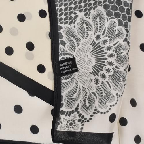 Women 100% Mulberry Silk Neck Scarf 21" Square Floral Neckerchief - color: White Lace Polka Dot