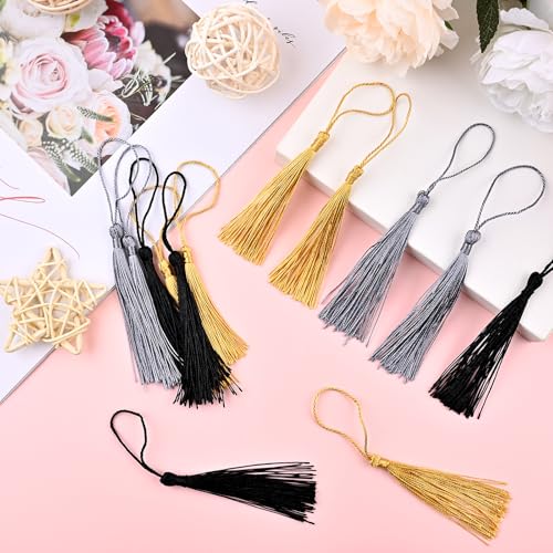 NACHLYNN 120 Pcs Bookmark Tassels Bulk 13cm/5 Inch Silky Handmade Soft Craft Mini Tassels for Jewelry Keychain Making with Loops for Dress Decoration DIY Craft Accessory (Gold, Silver and Black) - color: Gold, Silver and Black