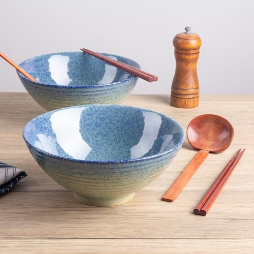 40oz Japanese Ceramic Ramen Bowl Set of 2 with Chopsticks and Spoons for Pho Udon Asian Soup Noodles (Sea Blue) - color: Sea Blue