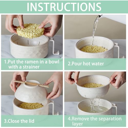 2 Sets 40 oz Microwave Ramen Bowl with Handles, Beige, Light Green - color: Beige, Light Green