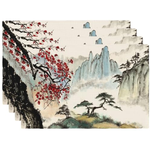 Watercolor Red Plum Trees Placemats Farmhouse Set of 4 12x18 Inch - color: Watercolor Red, size: Set of 4