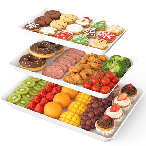 White Plastic Serving Trays 3 Pack, Rectangle Appetizer Platters for Party