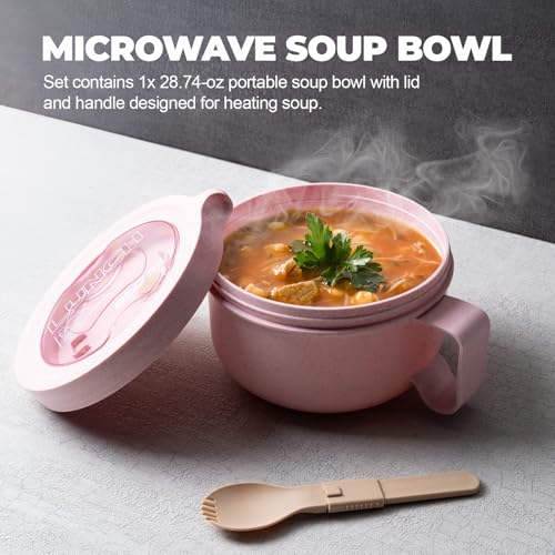 MATICAN Microwave Soup Bowl with Lid, Soup Mug with Lid, Microwave Containers for Ramen Noodles, Soup, Beverages, 28.74 Ounces, Pink, Includes Spork - color: Pink