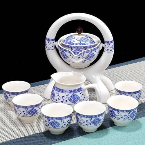Ceramic Teapot with Infuser - Chinese Gongfu Tea Set, 6Cups, Semi Automatic Design for Loose Leaf Tea - color: White Circle