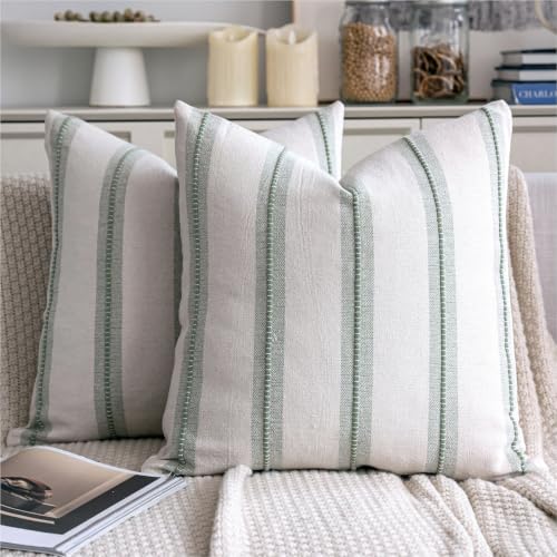 Cethom Boho Throw Pillow Covers 18x18 Set of 2, Sage Green Striped Decorative Pillow Cases for Couch Chair Bed, Textured Farmhouse Modern Accent Cushion Covers for Living Room Bedroom Sofa Home Decor - color: Sage Green, size: 18" x 18" (Pack of 2)