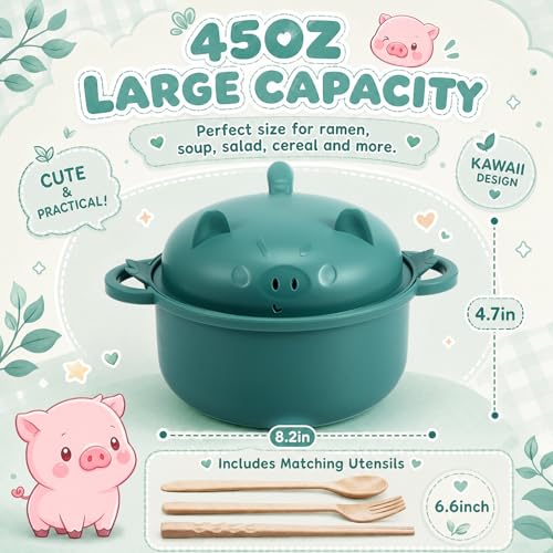 2 Sets 45oz Cute Pig Ramen Bowl Set Microwavable, Black, Dark Green - color: Black,Dark Green