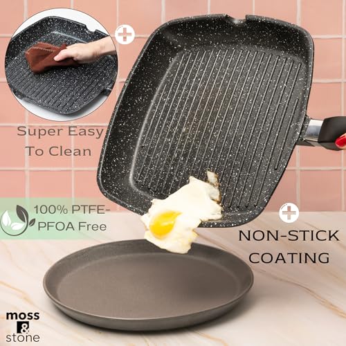 Moss & Stone Grill Pan for Indoor Cooking, 11" Nonstick Square Grill Pan - style: Square Grill Pan Regular Handle Design