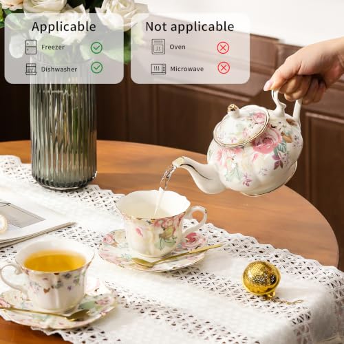 TATSUMI Country Roses Porcelain Tea Set, European Ceramic tea set for one or two,Vintage Style, For Women and Tea Parties (Pink, 7 Pieces Set) - color: Pink, size: 7 Pieces Set