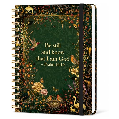 Christian Lined Spiral Notebook, Pretty Hardcover Journal 6'' x 8.4'', Bible Verse Prayer Notebook for Women, Psalm 46:10 Gift - color: garden-green