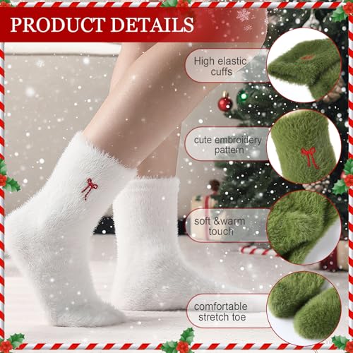 Geyoga 5 Pairs Fuzzy Bow Socks for Women Fluffy Slipper Gift - color: Red Green