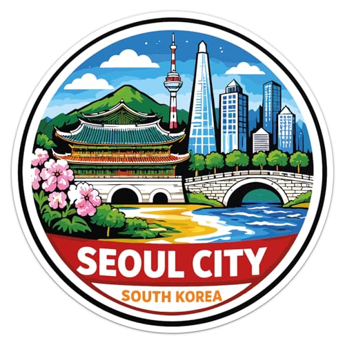 Cartoon Style South Korea Seoul City Sticker - Waterproof Outdoor Vinyl Decal, 3 Inch - color: Cartoon Style South Korea Seoul City, size: 3'' longer side