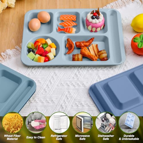 Pinkunn 12 Pcs 14'' Large Divided Plates Unbreakable Wheat Straw Lunch Trays 6 Compartments Cafeteria Trays Microwave Dishwasher Safe Food Separator Plates (Cool Color) - color: Cool Color
