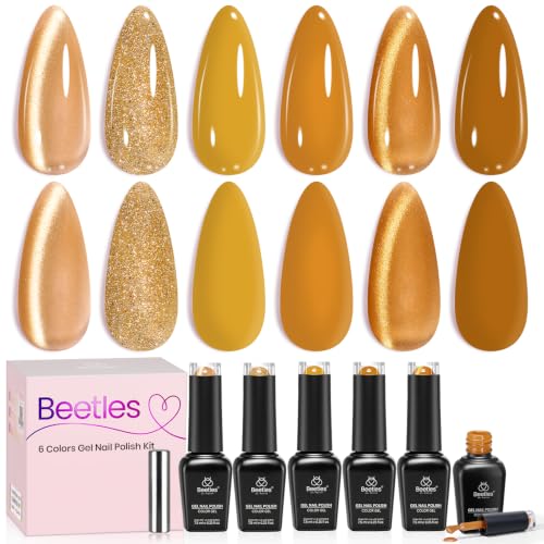 Beetles Fall Gel Polish Set, Gold Glitter Mustard Yellow Gel Polish Cat Eye - color: A - Mixed Finishes | Retro Honey