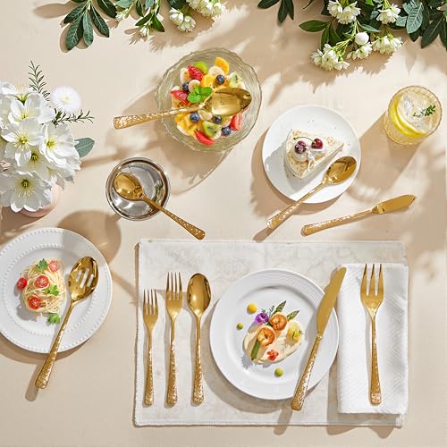 65 Piece Gold Silverware Set with Serving Utensils, 18/10 Stainless Steel - color: Gold, size: 65-Piece
