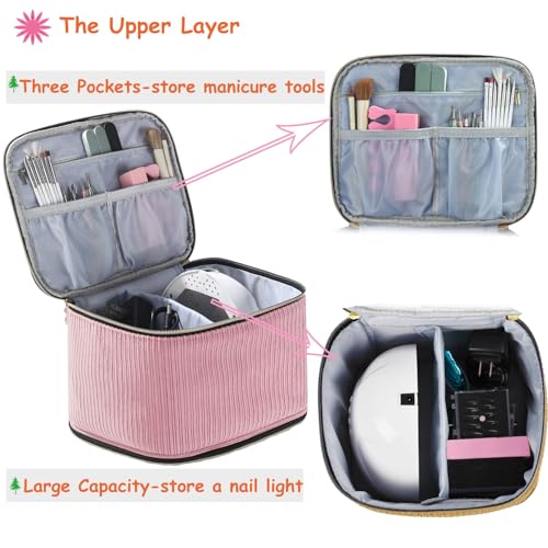 Corduroy Nail Polish Organizer and Nail Lamp Case, Nail Kit Organizer Holds 30 Bottles (15ml - 0.5 fl.oz) and a Nail Lamp, Nail Polish Carrying Case with Manicure Tools Storage Sections (Pink) - color: Pink