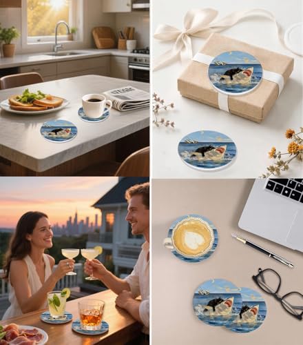 Nikyi 6 Pcs Funny Cat Shark Ceramic Drink Coasters, Absorbent Round Coaster with Cork Base & Metal Holder, Ocean Blue Coasters Perfect for Coffee Table Office Home Decor & Housewarming Gifts - color: Funny Black Cat and Shark