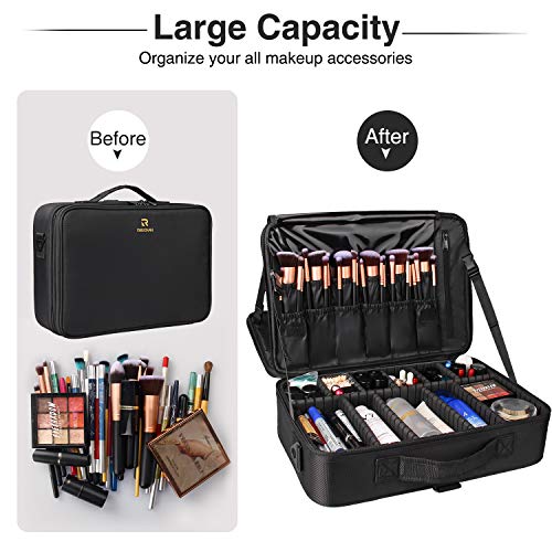 Relavel Makeup Case Large Makeup Bag Professional Train Case 16.5 inches Travel Cosmetic Organizer Brush Holder Waterproof Makeup Artist Storage Box, 3 Layer Large Capacity, with Adjustable Strap - color: Black, size: Large