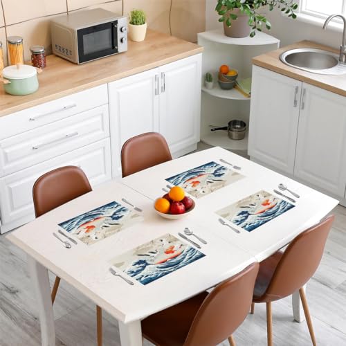 Feelyou Japanese Wave Placemats Set of 4 Crane Cherry Blossoms Placemat for Kitchen Dining Table 18"x12" Red Sun Hokusai Pattern Table Place Mats Japanese Style Indoor Outdoor Decor Table Mats - color: Blue and Red