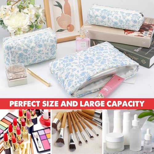 3 Pcs Makeup Bag Cosmetic Bag Set for Girls Women Checkered Travel Organizer Bathroom Toiletry Pouch Large Capacity Storage Bag(Blue Flower) - color: Blue Flower